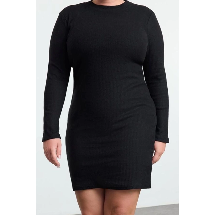 Womens Plus Size Mini Length Crew Neck Fitted Body-Smoothing Ribbed Winter Knitted Plus Size Dress