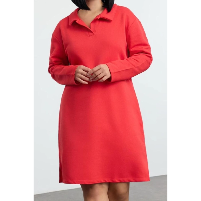 Women Fashion Stylish Plus Size Midi Length Polo Neck Relaxed 2 Yarn Non-raised Knitted Plus Size Dress