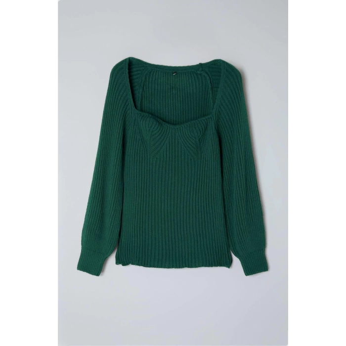 Women Fashion Stylish Plus Size Heart Neck Raglan Sleeve Regular Ribbed Knitwear Sweater