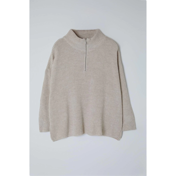 Women Fashion Stylish Plus Size Stand Collar Low Sleeve Regular Zipper Collar Knitwear Sweater