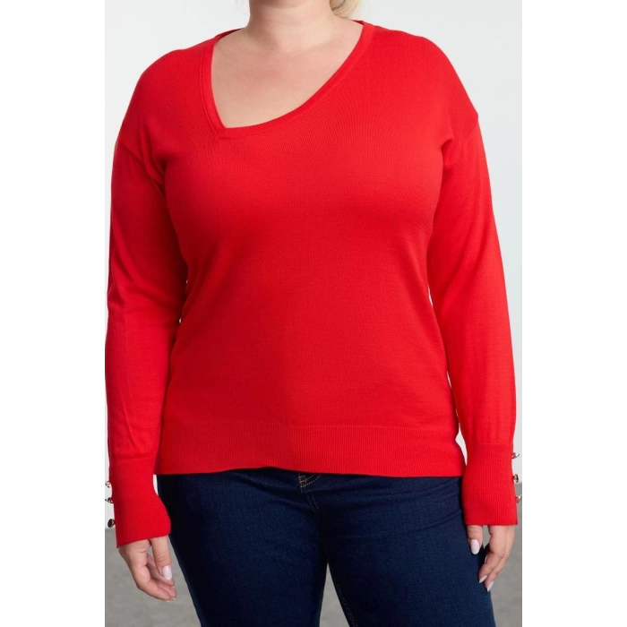 Women Fashion Stylish Plus Size Asymmetrical Collar Regular Sleeve Buttoned Knitwear Sweater