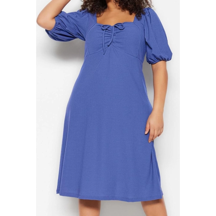 Kadın Moda Şık Büyük Beden Midi Boy Kalp Yaka Relaxed Örme Elbise