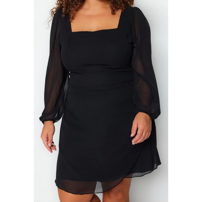 Women Fashion Stylish Plus Size Mini Length Square Neck Fitted Woven Chiffon Dress
