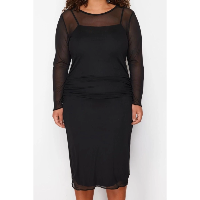 Women Fashion Stylish Plus Size Midi Length Crew Neck Fitted Tulle Knit Plus Size Dress