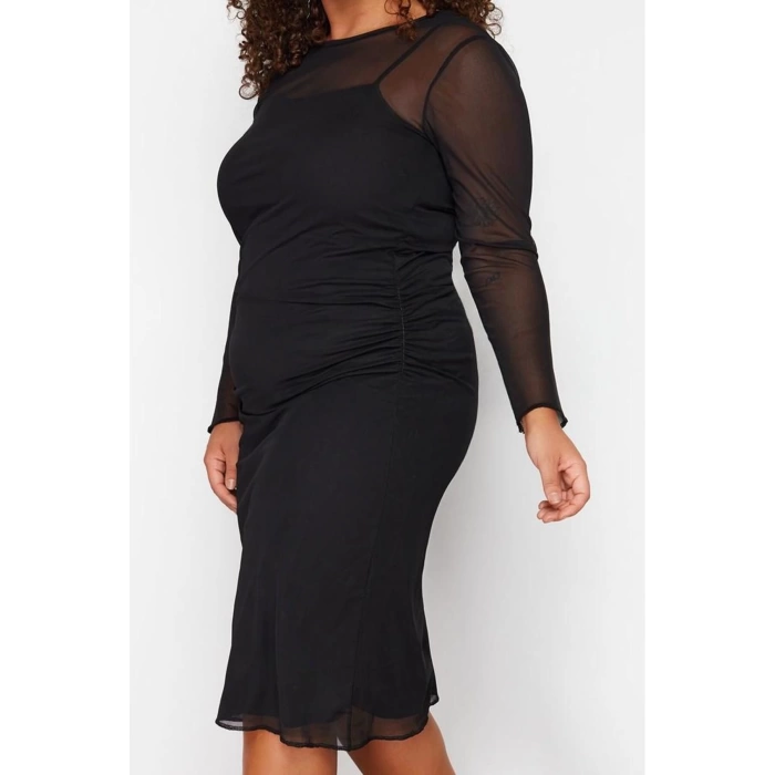 Women Fashion Stylish Plus Size Midi Length Crew Neck Fitted Tulle Knit Plus Size Dress