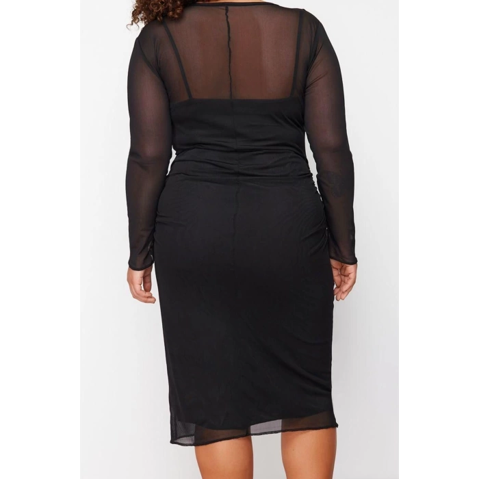 Women Fashion Stylish Plus Size Midi Length Crew Neck Fitted Tulle Knit Plus Size Dress