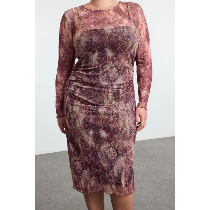 Women Fashion Stylish Plus Size Midi Length Crew Neck Fitted Tulle Knit Plus Size Dress