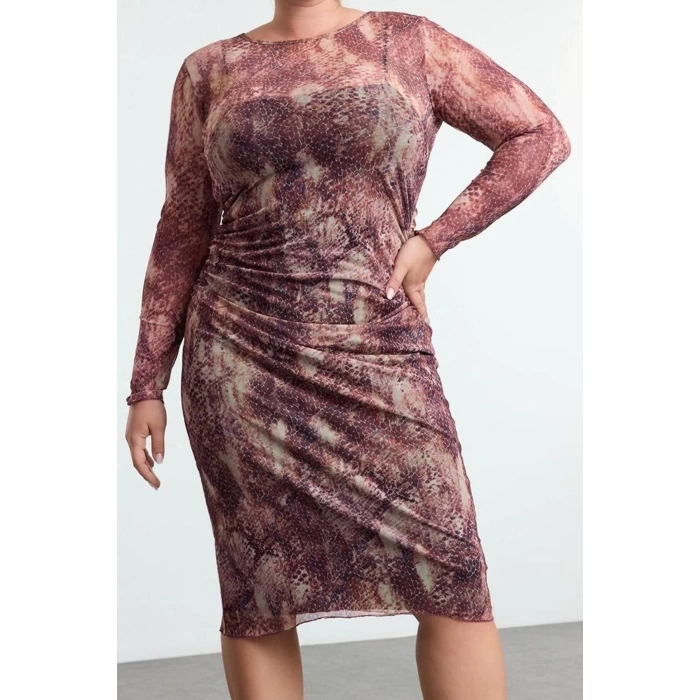 Women Fashion Stylish Plus Size Midi Length Crew Neck Fitted Tulle Knit Plus Size Dress