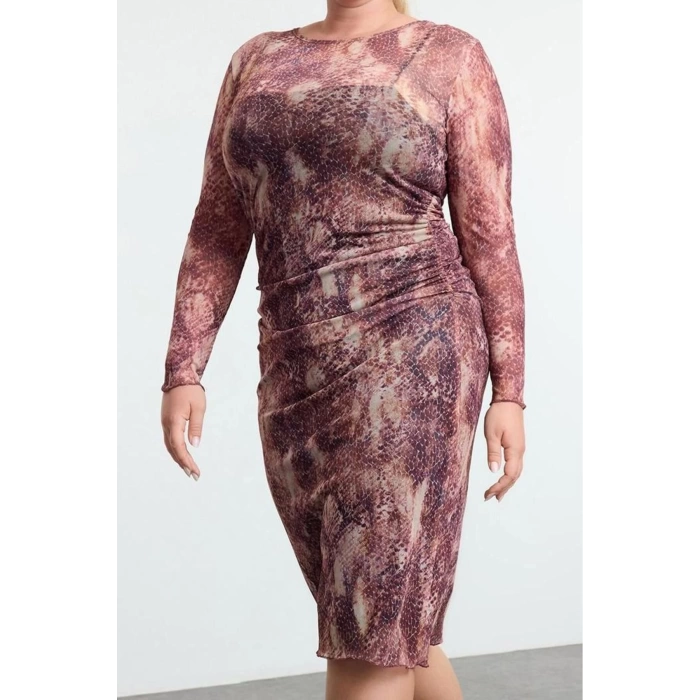 Women Fashion Stylish Plus Size Midi Length Crew Neck Fitted Tulle Knit Plus Size Dress