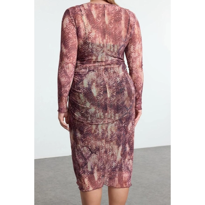 Women Fashion Stylish Plus Size Midi Length Crew Neck Fitted Tulle Knit Plus Size Dress