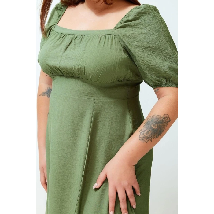Women Fashion Stylish Plus Size Maxi Length Square Neck Relaxed Balloon Sleeve Woven Dress