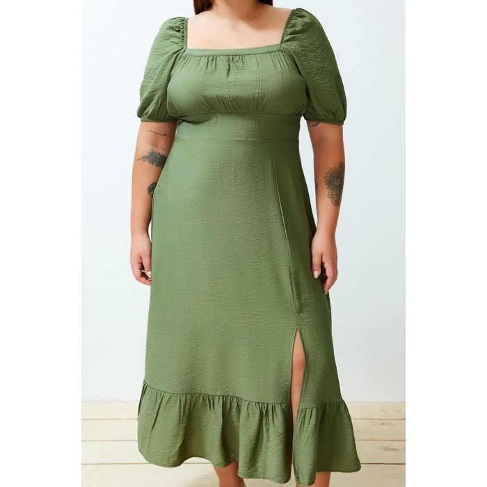 Women Fashion Stylish Plus Size Maxi Length Square Neck Relaxed Balloon Sleeve Woven Dress