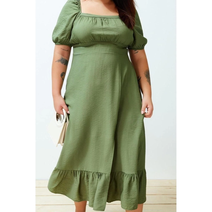 Women Fashion Stylish Plus Size Maxi Length Square Neck Relaxed Balloon Sleeve Woven Dress