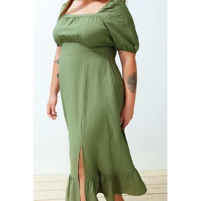 Women Fashion Stylish Plus Size Maxi Length Square Neck Relaxed Balloon Sleeve Woven Dress