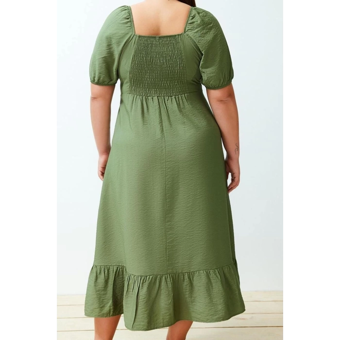 Women Fashion Stylish Plus Size Maxi Length Square Neck Relaxed Balloon Sleeve Woven Dress