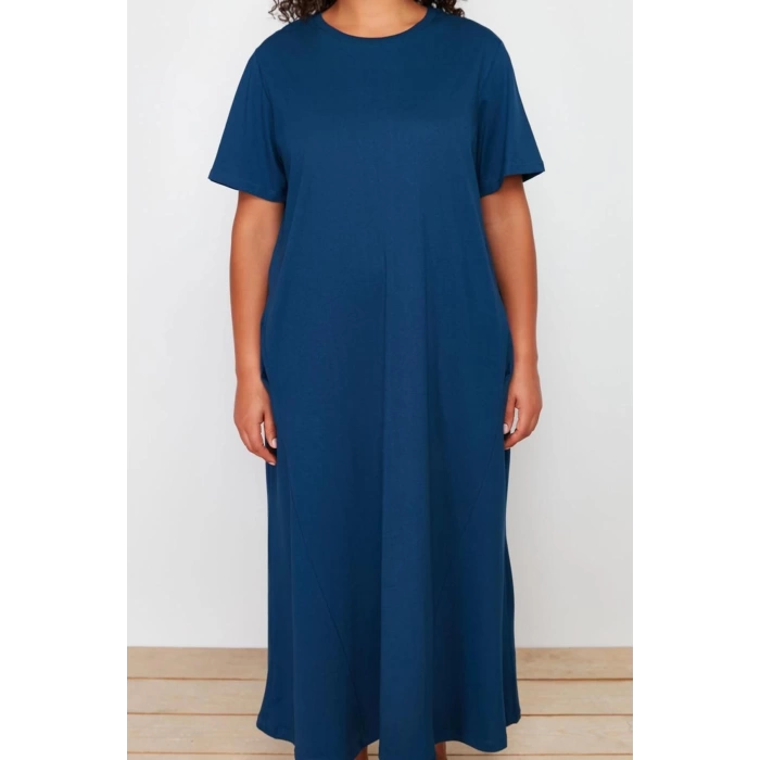 Kadın Moda Şık Büyük Beden Midi Boy Bisiklet Yaka Relaxed Örme T-shirt Elbise