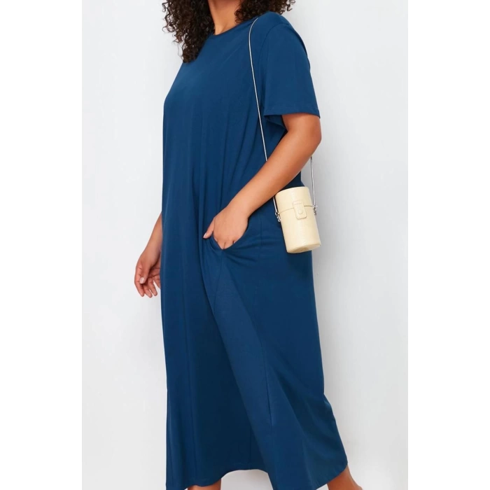 Kadın Moda Şık Büyük Beden Midi Boy Bisiklet Yaka Relaxed Örme T-shirt Elbise