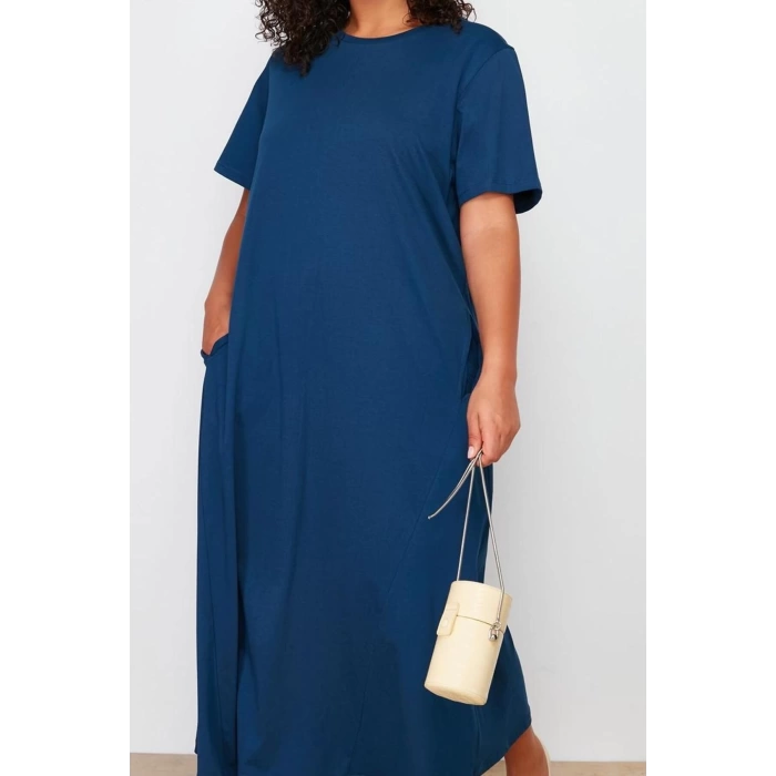 Kadın Moda Şık Büyük Beden Midi Boy Bisiklet Yaka Relaxed Örme T-shirt Elbise