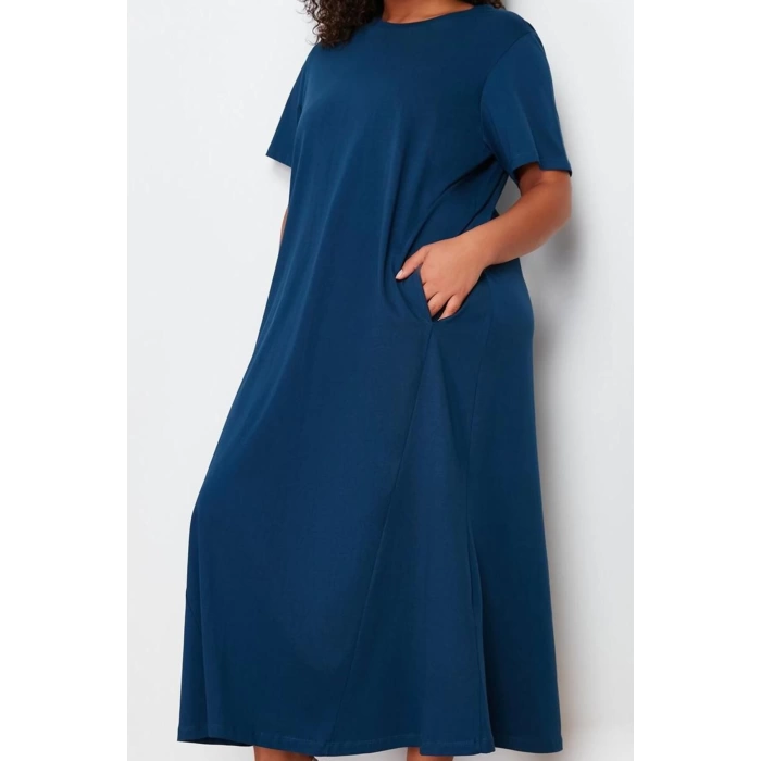 Kadın Moda Şık Büyük Beden Midi Boy Bisiklet Yaka Relaxed Örme T-shirt Elbise