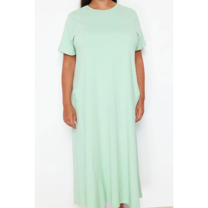 Kadın Moda Şık Büyük Beden Midi Boy Bisiklet Yaka Relaxed Örme T-shirt Elbise