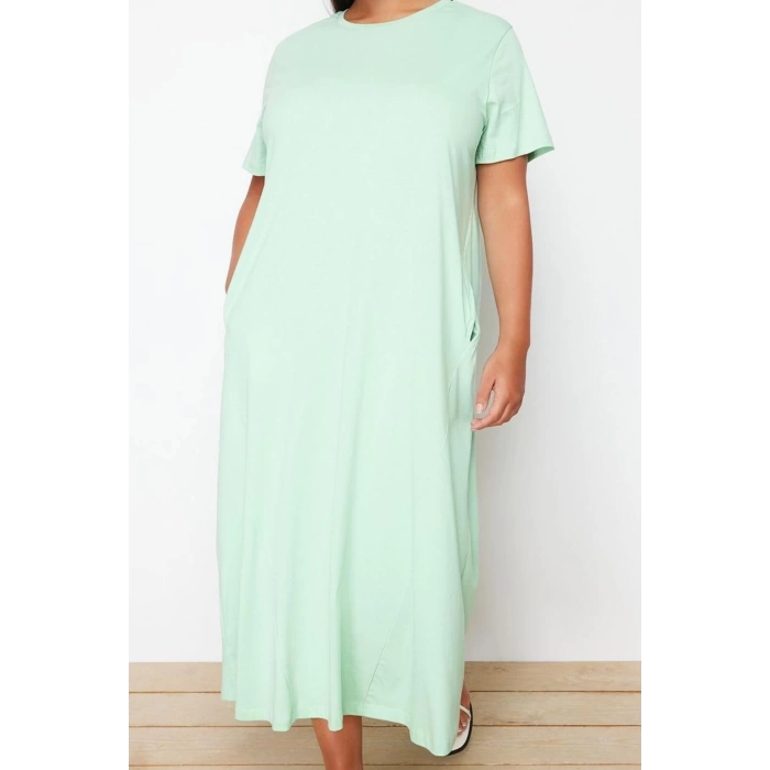 Kadın Moda Şık Büyük Beden Midi Boy Bisiklet Yaka Relaxed Örme T-shirt Elbise