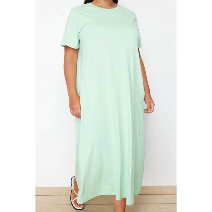 Kadın Moda Şık Büyük Beden Midi Boy Bisiklet Yaka Relaxed Örme T-shirt Elbise