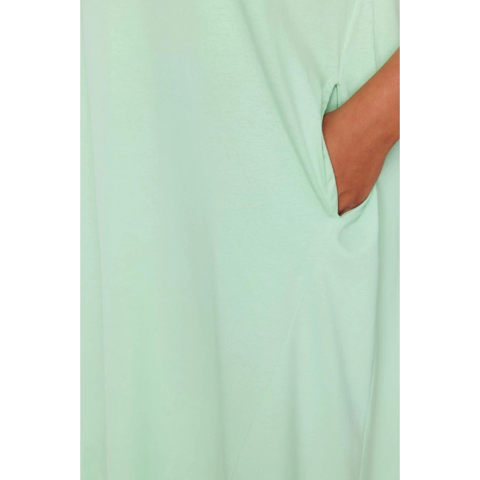 Kadın Moda Şık Büyük Beden Midi Boy Bisiklet Yaka Relaxed Örme T-shirt Elbise