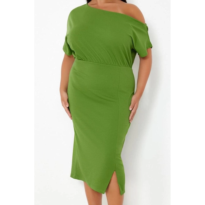 Kadın Moda Şık Büyük Beden Midi Boy Kayık Yaka Fitted Tek Omuz Örme Elbise