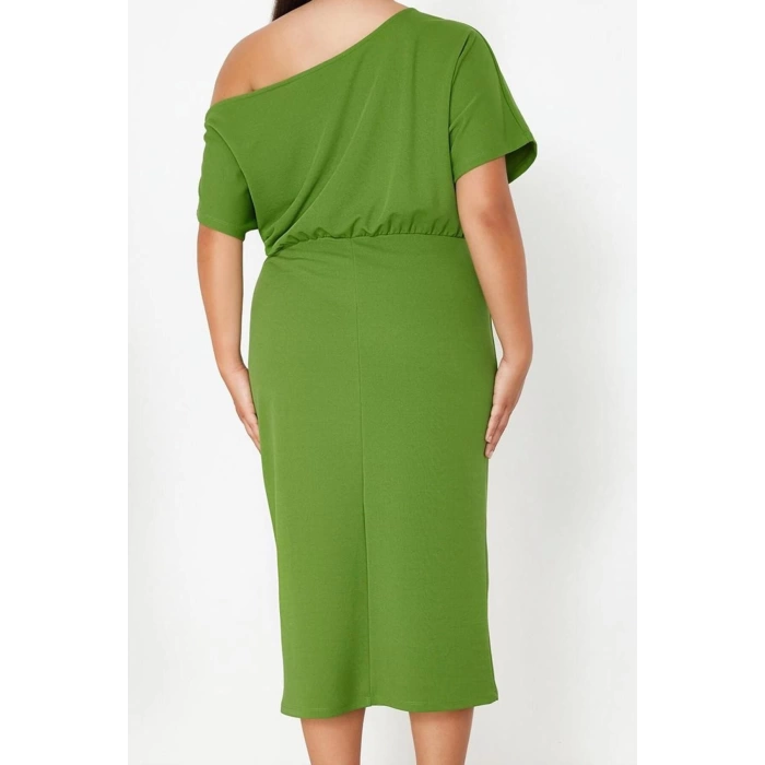 Kadın Moda Şık Büyük Beden Midi Boy Kayık Yaka Fitted Tek Omuz Örme Elbise
