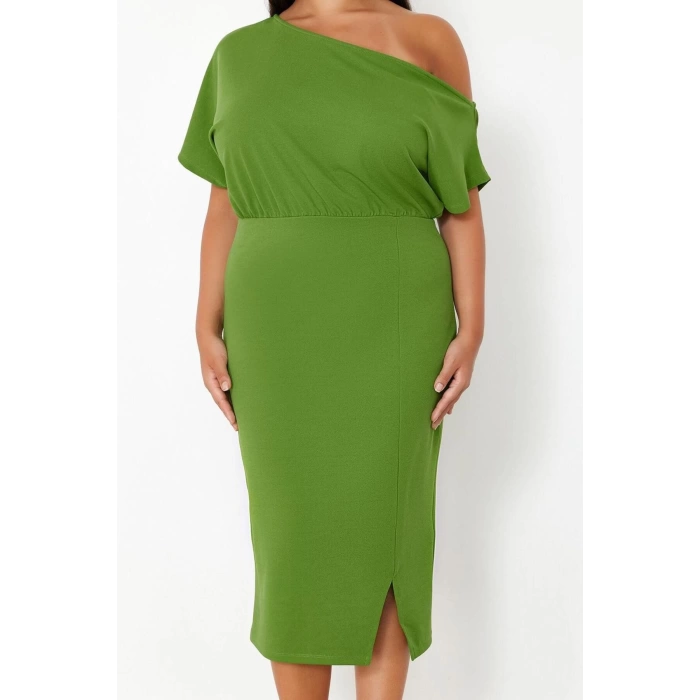 Kadın Moda Şık Büyük Beden Midi Boy Kayık Yaka Fitted Tek Omuz Örme Elbise