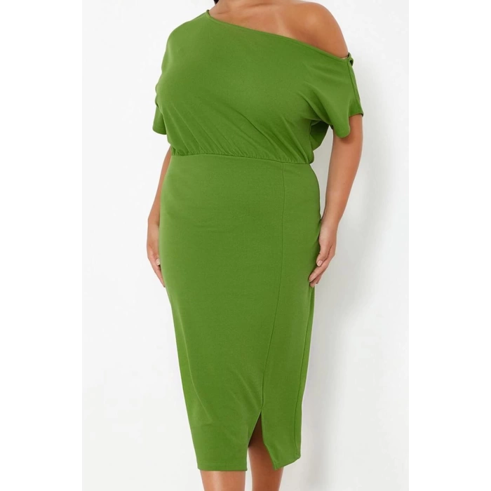 Kadın Moda Şık Büyük Beden Midi Boy Kayık Yaka Fitted Tek Omuz Örme Elbise