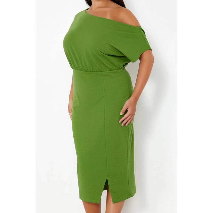 Kadın Moda Şık Büyük Beden Midi Boy Kayık Yaka Fitted Tek Omuz Örme Elbise