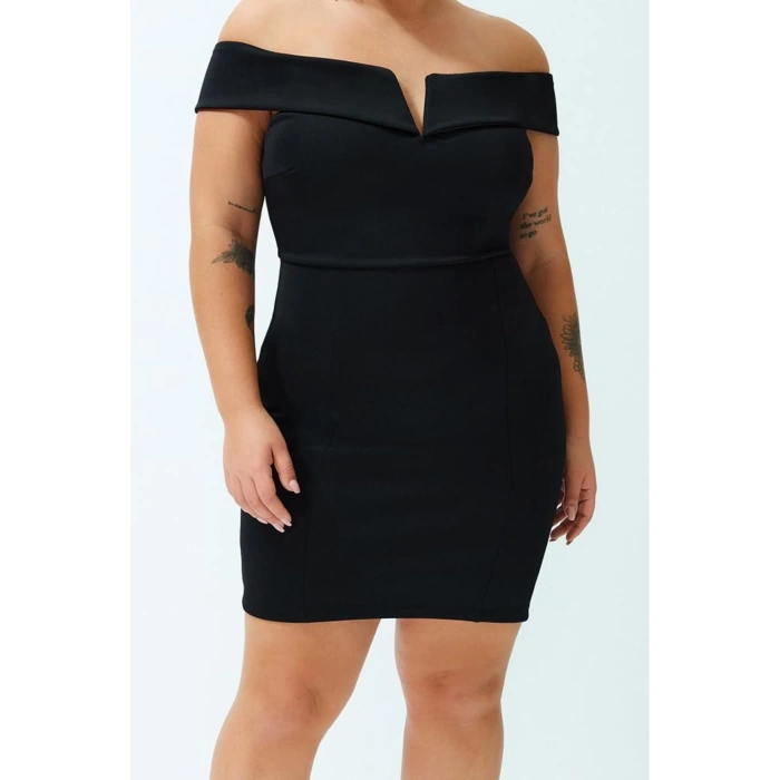 Kadın Moda Şık Büyük Beden Mini Boy V Yaka Fitted Çift Kat Yaka Detaylı Örme Elbise