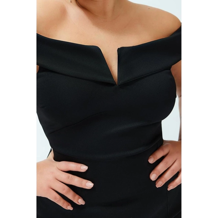 Kadın Moda Şık Büyük Beden Mini Boy V Yaka Fitted Çift Kat Yaka Detaylı Örme Elbise