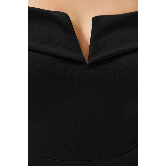 Kadın Moda Şık Büyük Beden Mini Boy V Yaka Fitted Çift Kat Yaka Detaylı Örme Elbise