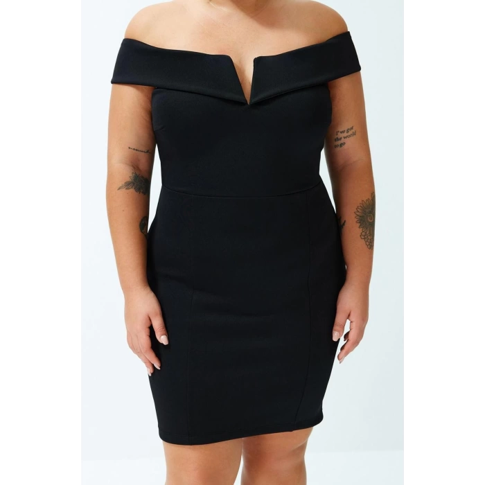 Kadın Moda Şık Büyük Beden Mini Boy V Yaka Fitted Çift Kat Yaka Detaylı Örme Elbise