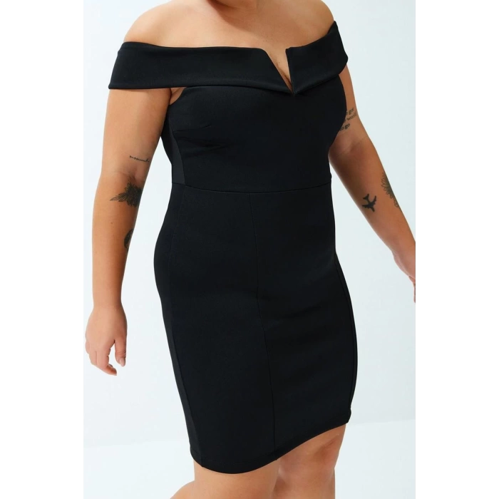 Kadın Moda Şık Büyük Beden Mini Boy V Yaka Fitted Çift Kat Yaka Detaylı Örme Elbise