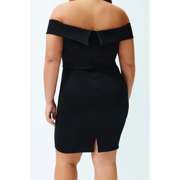 Kadın Moda Şık Büyük Beden Mini Boy V Yaka Fitted Çift Kat Yaka Detaylı Örme Elbise