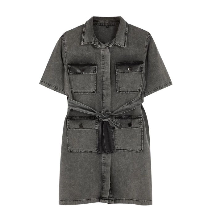 Women Fashion Stylish Plus Size Mini Length Shirt Collar Denim Dark Blue Belt Detailed Shirt Dress