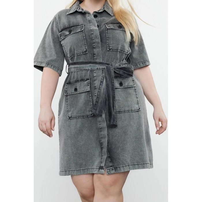 Women Fashion Stylish Plus Size Mini Length Shirt Collar Denim Dark Blue Belt Detailed Shirt Dress