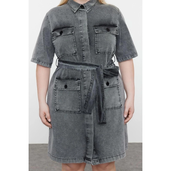 Women Fashion Stylish Plus Size Mini Length Shirt Collar Denim Dark Blue Belt Detailed Shirt Dress