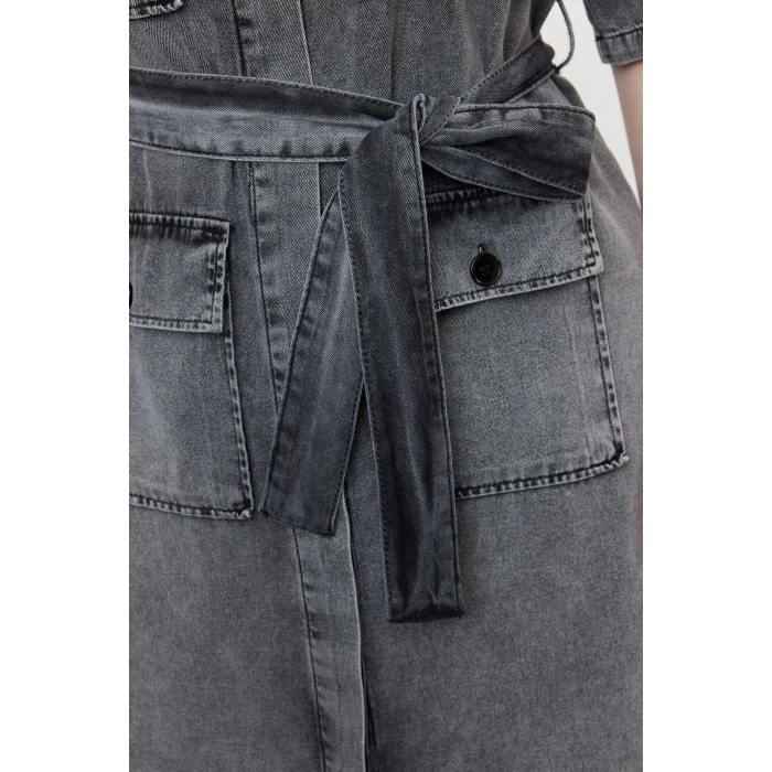 Women Fashion Stylish Plus Size Mini Length Shirt Collar Denim Dark Blue Belt Detailed Shirt Dress