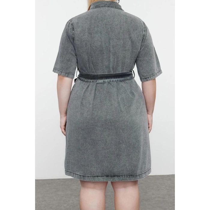 Women Fashion Stylish Plus Size Mini Length Shirt Collar Denim Dark Blue Belt Detailed Shirt Dress