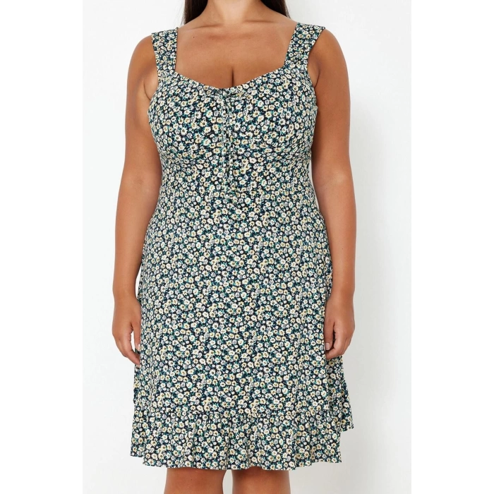 Womens Plus Size Mini Square Neck Fitted Floral Patterned Buttoned Summer Knitted Dress TBBSS23AH00240