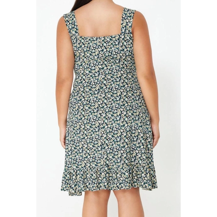Womens Plus Size Mini Square Neck Fitted Floral Patterned Buttoned Summer Knitted Dress TBBSS23AH00240