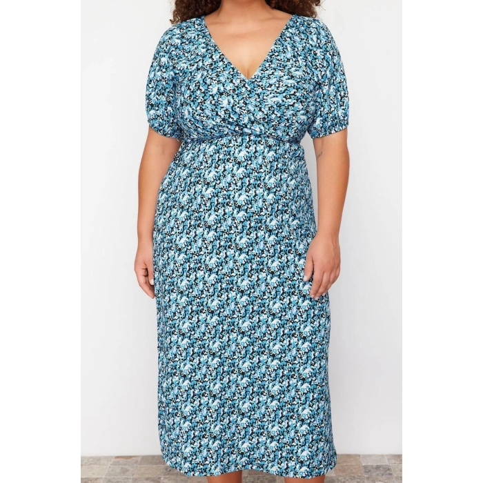 Kadın Moda Şık Büyük Beden Midi Boy Kruvaze Relaxed Çiçekli Örme Elbise