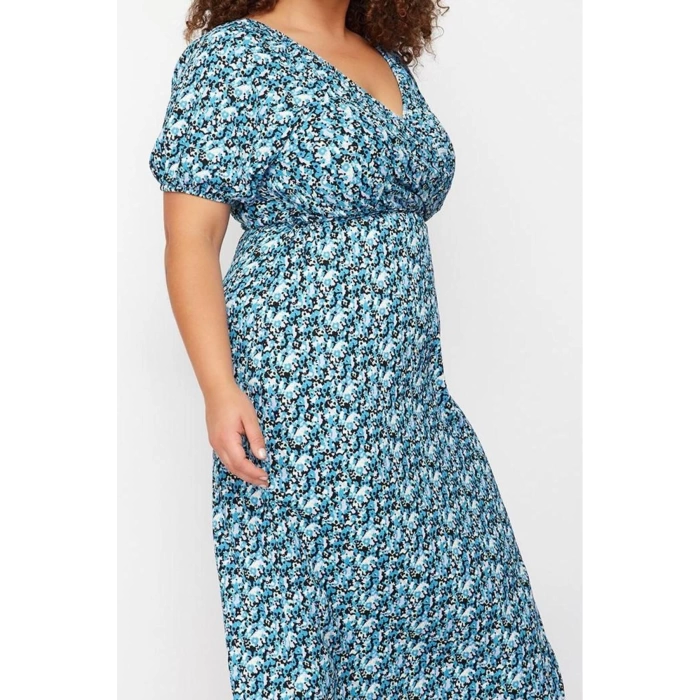 Kadın Moda Şık Büyük Beden Midi Boy Kruvaze Relaxed Çiçekli Örme Elbise