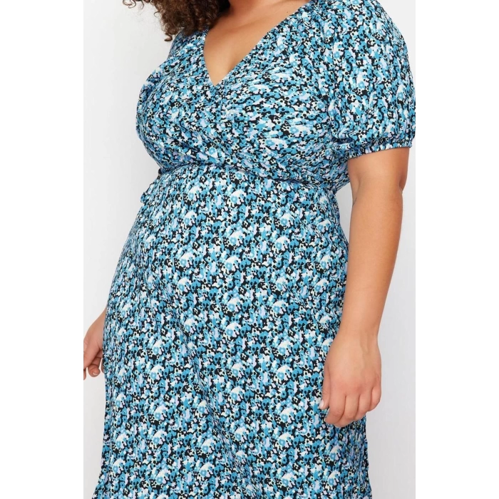 Kadın Moda Şık Büyük Beden Midi Boy Kruvaze Relaxed Çiçekli Örme Elbise