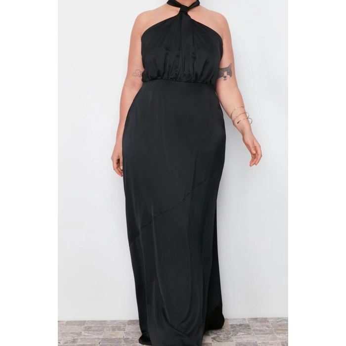 Womens Plus Size Maxi Length Halter Neck Relaxed Satin Long Plus Size Dress