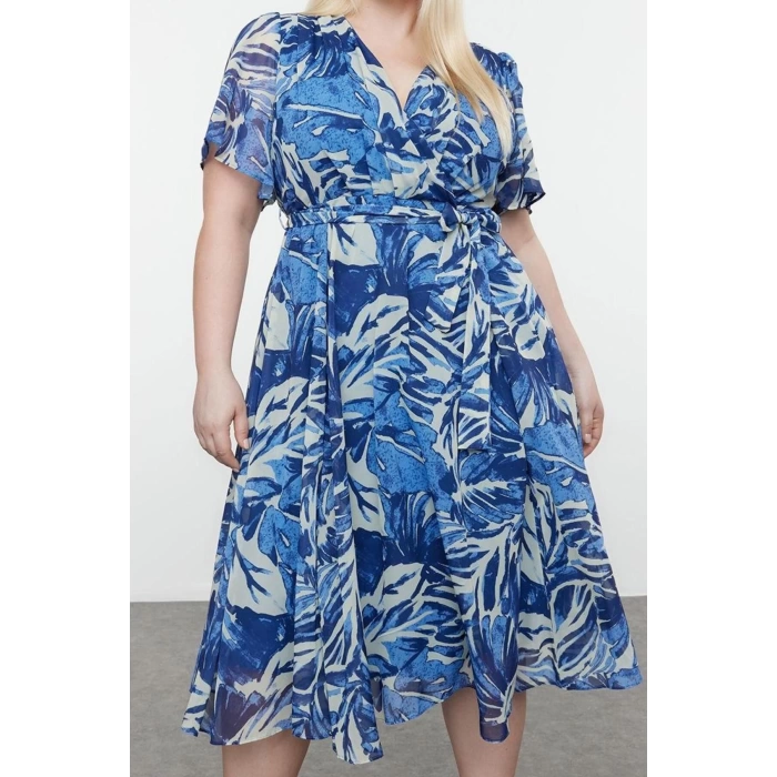 Kadın Moda Şık Büyük Beden Maxi Boy Kruvaze Relaxed Tropik Yaprak Desenli Şifon Dokuma Elbise